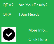 Advertising image and text. Self-promotional theme shows the ham radio Q-signal QRV followed by a question mark. This means ARE YOU READY? The corresponding answer is QRV meaning I AM READY.